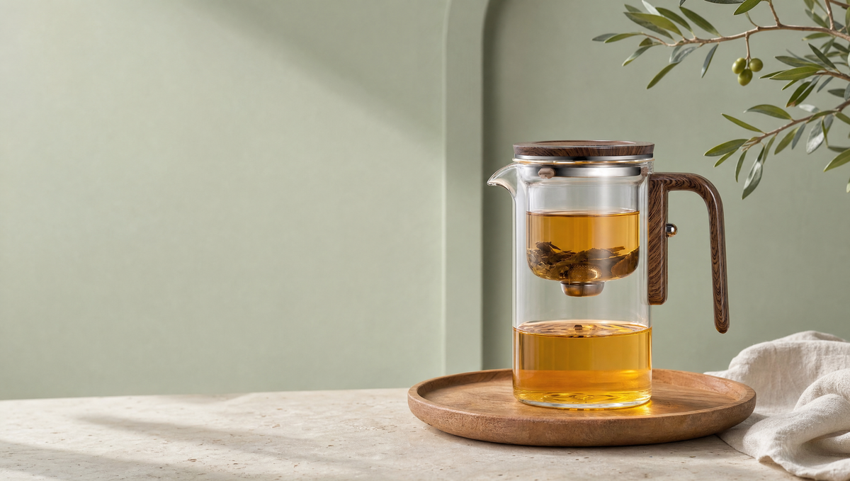 Magnetic Release Teapot on a wood tray on a pale stone table in soft daylight