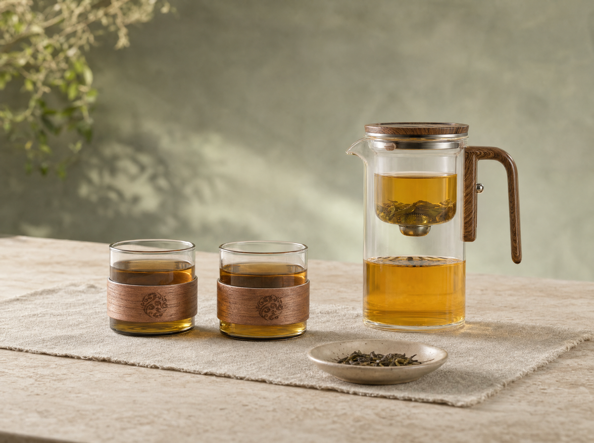 Ritual for Two: Magnetic Release Teapot with two glass tea cups with wood rings
