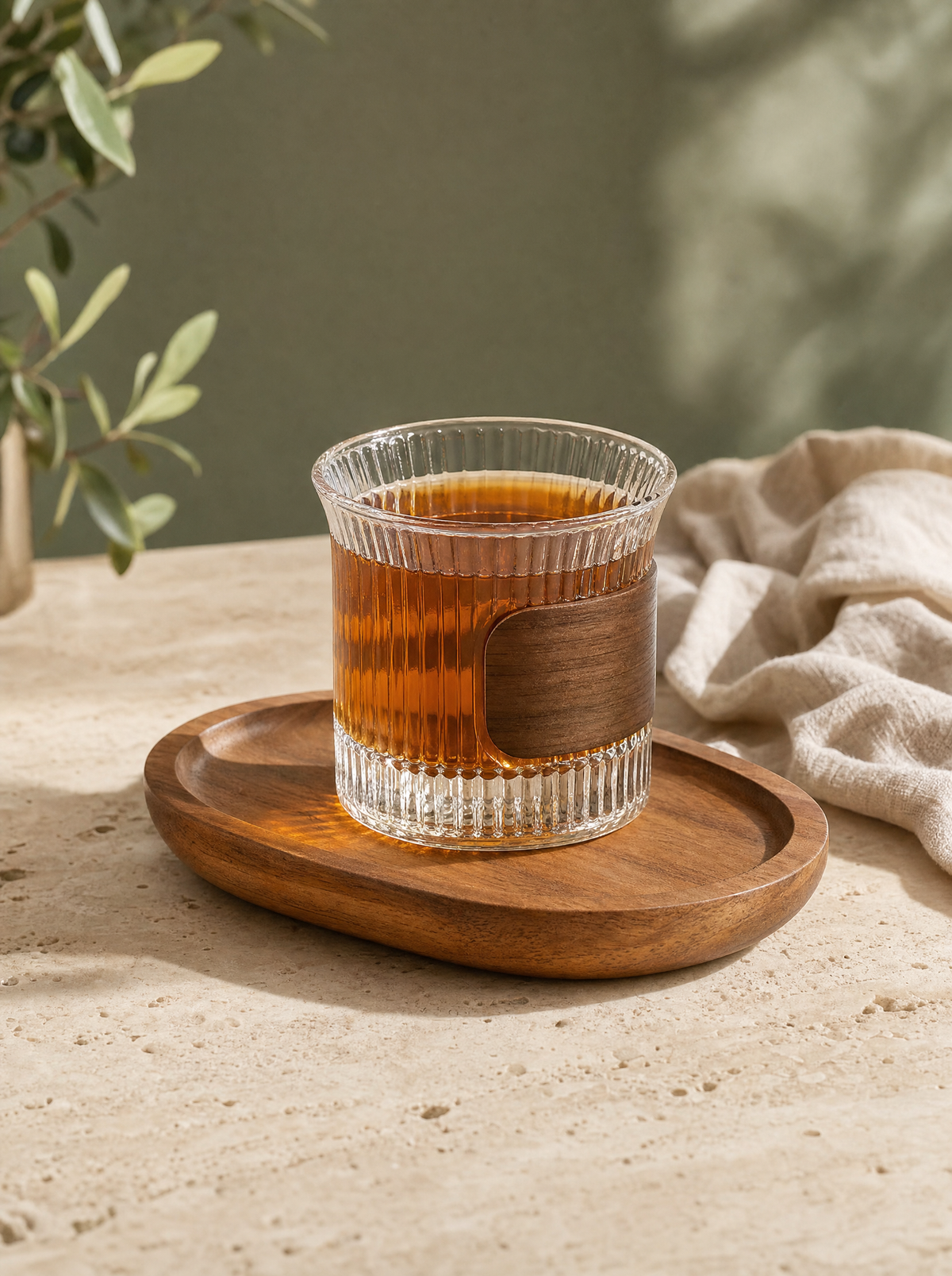 Glass mug with wood sleeve on an oval wood tray