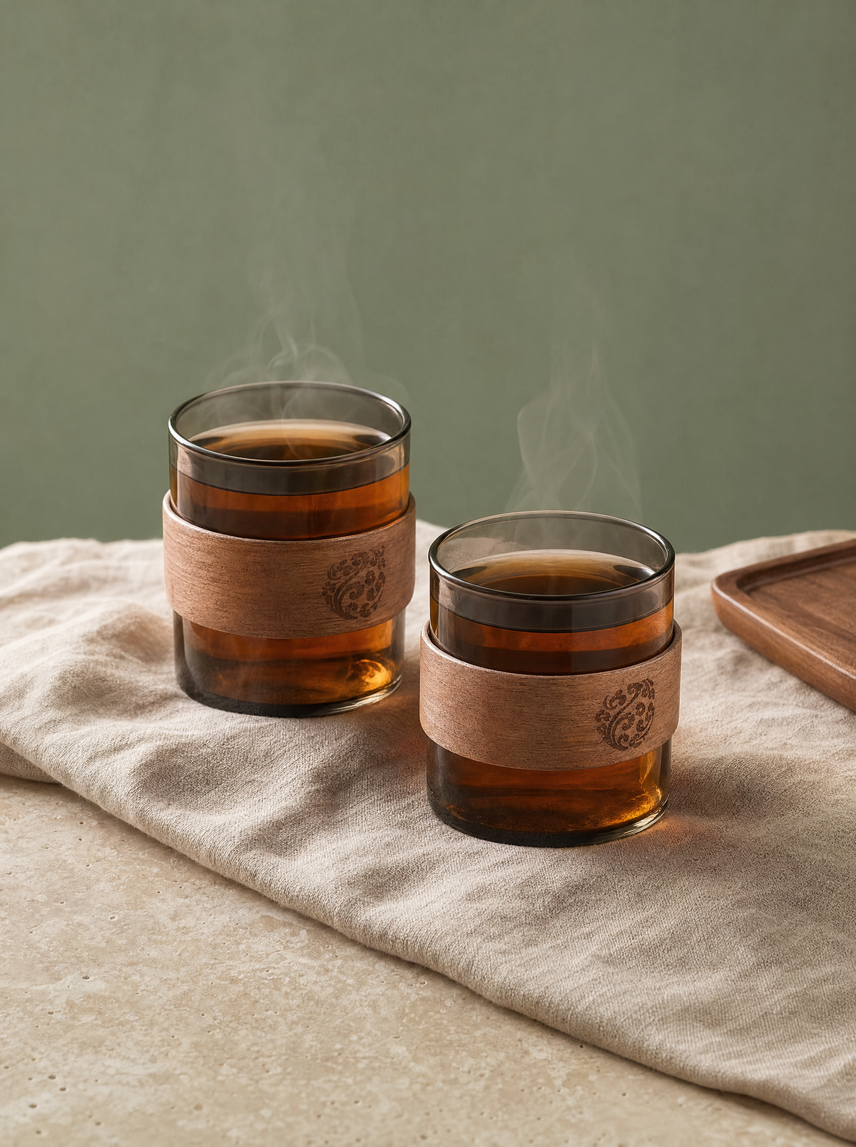 Two glass tea cups with wood rings filled with tea on linen