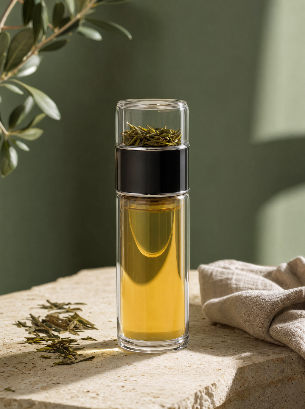 Double-layer glass tea cup with infuser, filled with tea