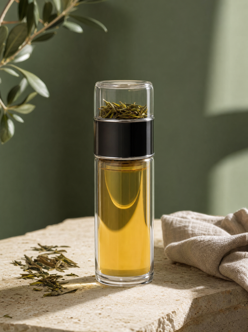Double-layer glass tea cup with infuser, filled with tea