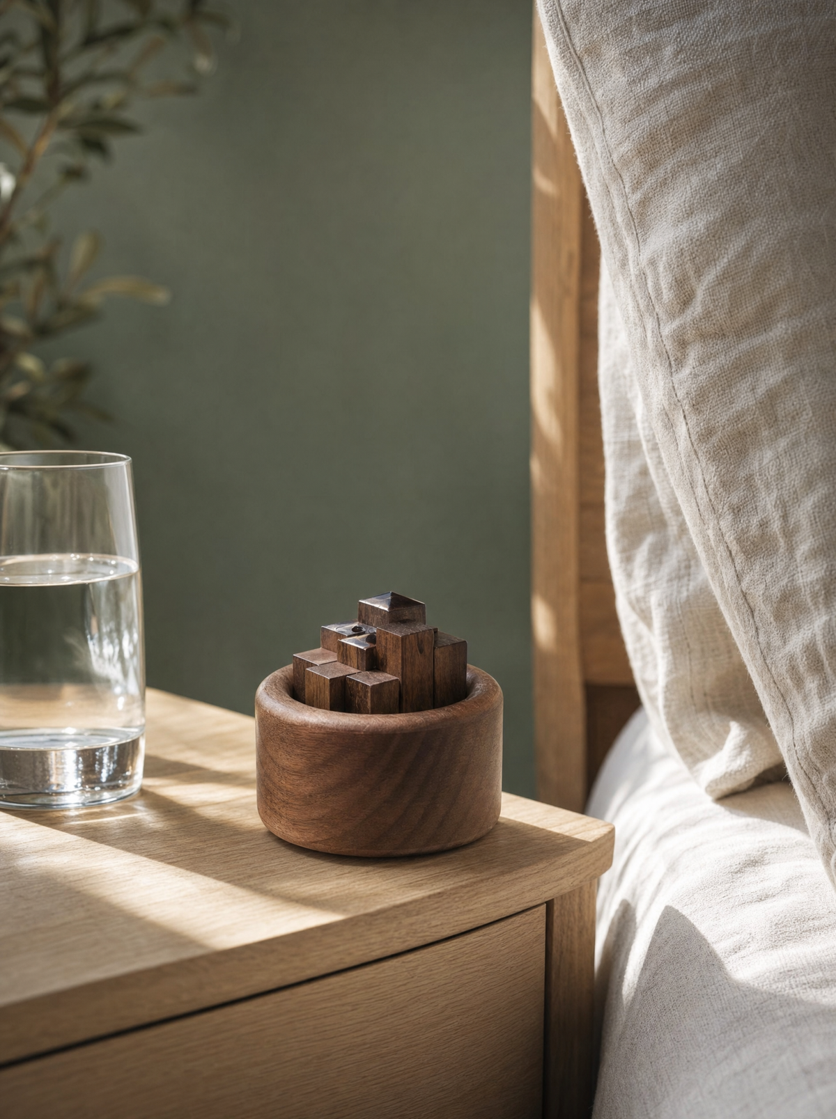 Carved wood diffuser ornament on a bedside table