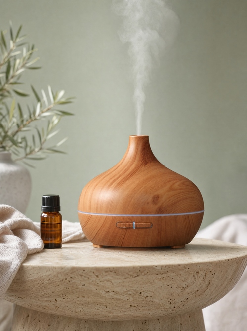 USB wood grain mist diffuser releasing mist