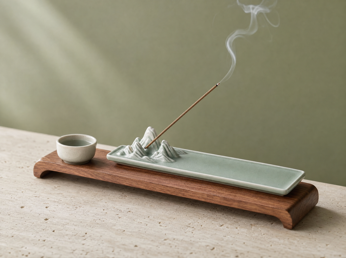 Incense holder and cup on the rectangular wood tray