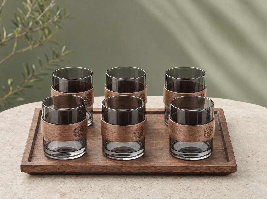 Six glass tea cups with wood rings on a tray