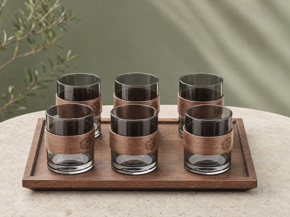Six glass tea cups with wood rings on a tray