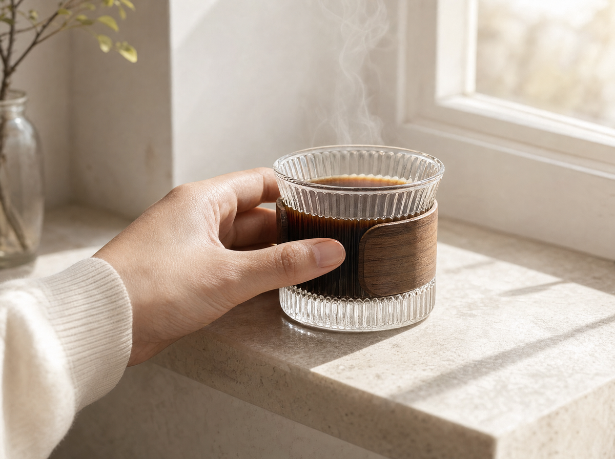 Holding the glass mug by its wood sleeve