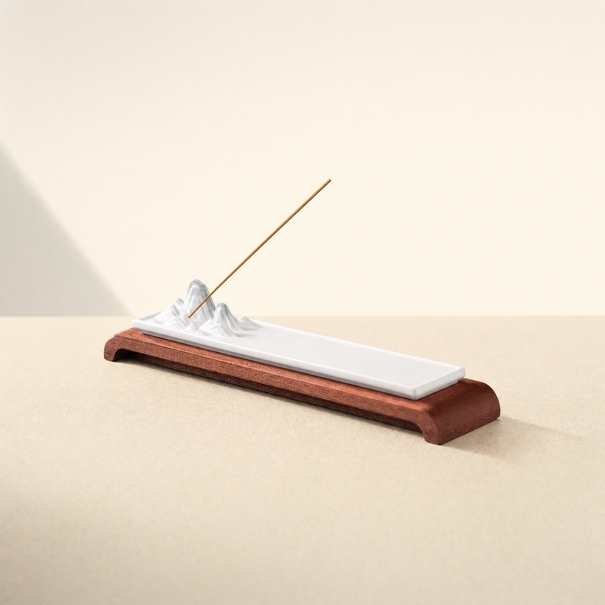 Sculpted Ceramic Incense Holder — White · with wood stand