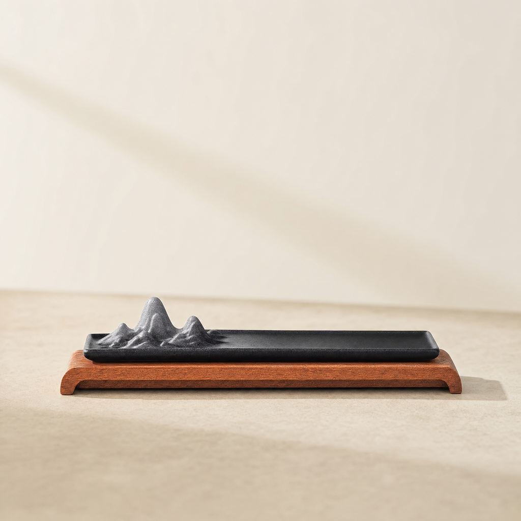 Sculpted Ceramic Incense Holder — Black · with wood stand