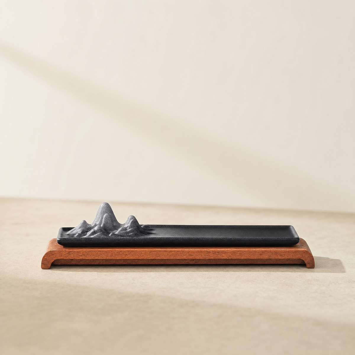 Sculpted Ceramic Incense Holder — Black · with wood stand