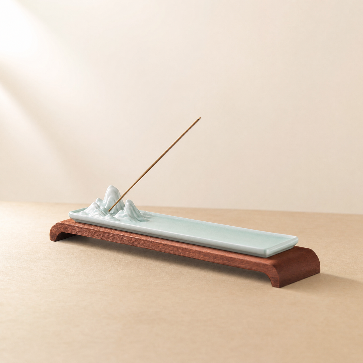 Sculpted Ceramic Incense Holder — Blue · with wood stand
