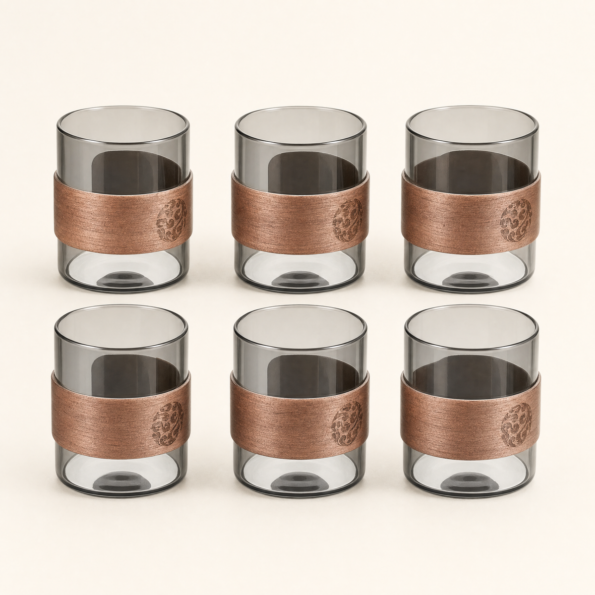 Glass Tea Cup with Wood Ring — 6 Cups · 150 ml