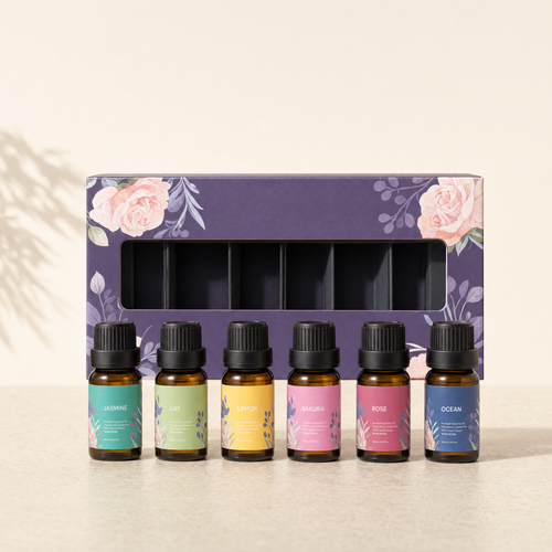Essential oil gift box — 6 × 10 ml: Jasmine, Lily, Lemon, Sakura, Rose, Ocean